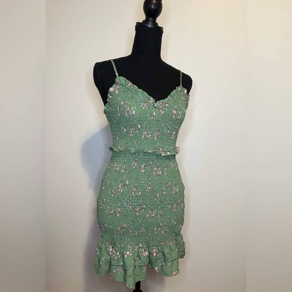 Green Ribbed Ruffle Dress